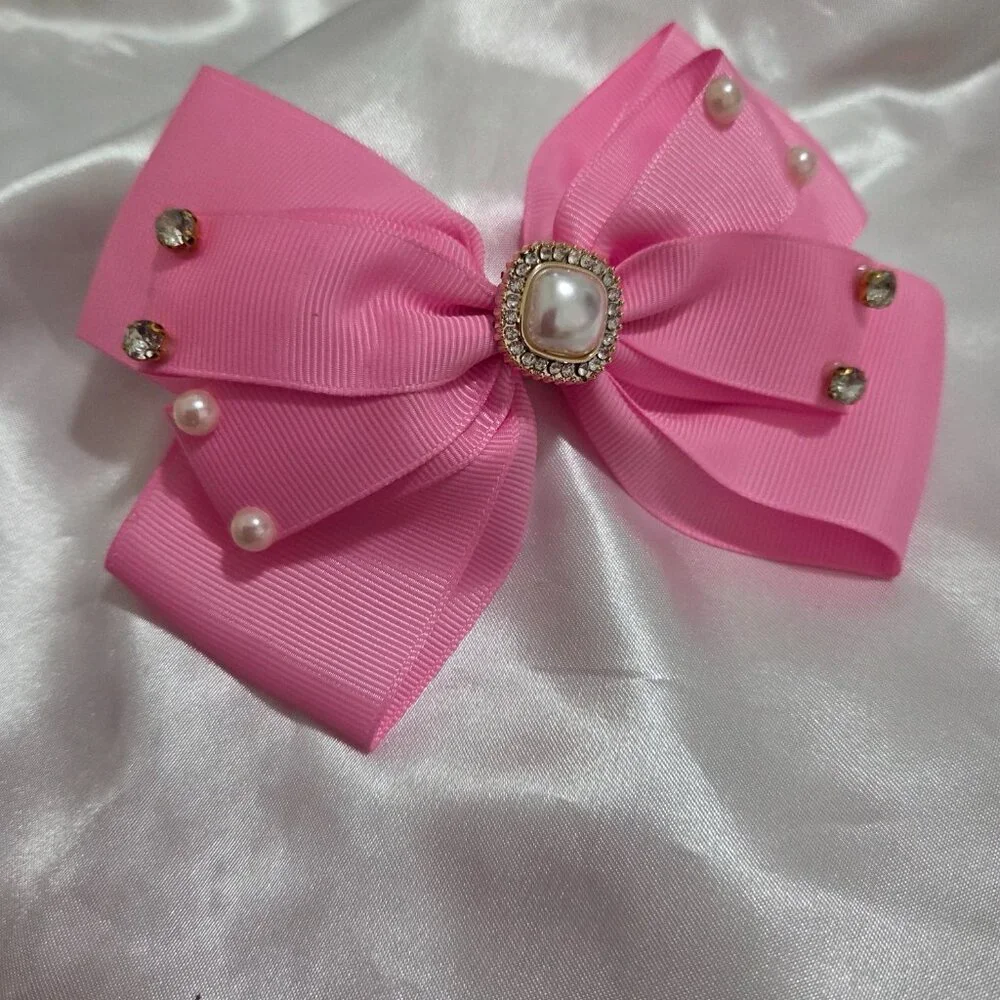 5pcs Pearl & Rhinestone Hair Bows ✨ Girls Elegant Ribbon Clips Cute Accessor